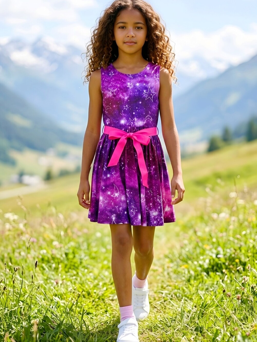 Fabkids Purple Celestial Print Dress Pink Ribbon Belt Tulle Hem Girls Party XL